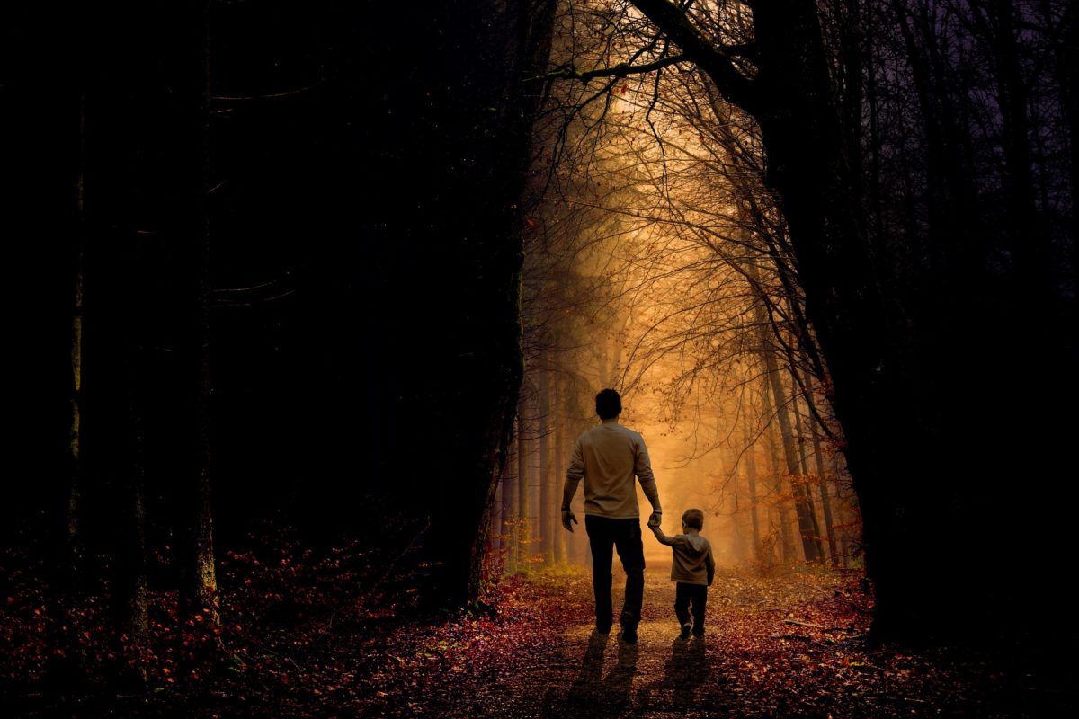 Padre e hijo caminando en el bosque